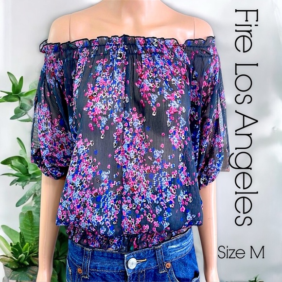 Fire Los Angeles Floral Crepe Sheer Cold-Shoulder Peasant Top - Picture 3 of 16